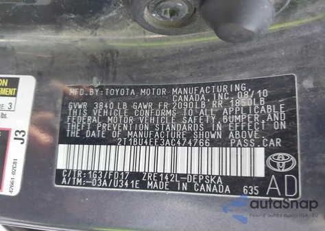 2010 Toyota Corolla S из США, поврежденный, VIN 2T1BU4EE3AC474766